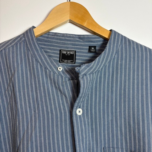 Todd Snyder Mens XL Blue Stripe Band Collar Button Up Shirt Tailored Quality - Picture 2 of 14